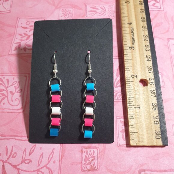 Colorful Chain Link Drop Earrings Pink Blue White Bead Baby Reveal Trans Pride - Picture 3 of 4